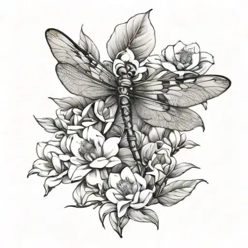 dragonfly and magnolia tree tattoo design idea