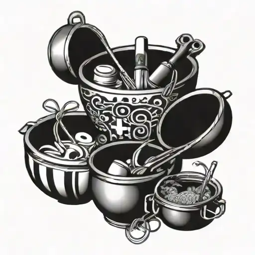 A stylized mixing bowl filled with climbing gear and musical instruments tattoo design idea