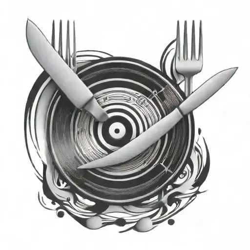 A chef's knife and fork crossed over a vinyl record with abstract art elements tattoo design idea