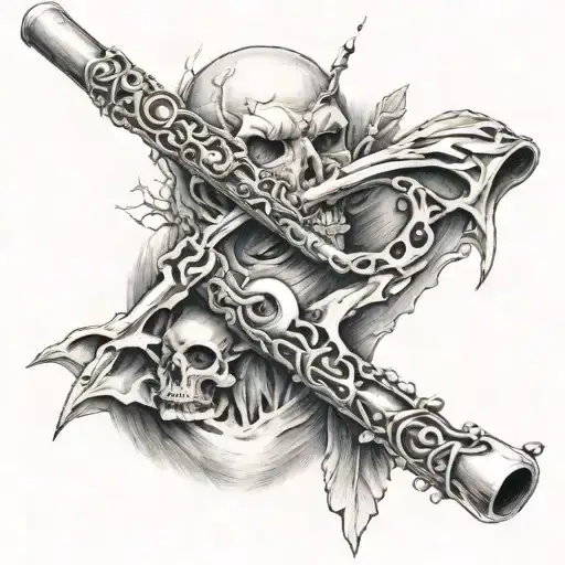 flute wrapped to collar bone tearing through skin tattoo design idea