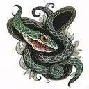 flute wrapping snake over collar bone tearing through skin tattoo design idea