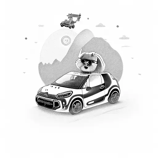 Citroen C2 car with a cutlet hair girl with pilot sun glasses driving and a mini schnauzer dog as copilot tattoo design idea