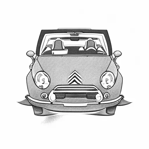 Citroen C2 car with a curley hair girl with pilot sun glasses driving and a mini schnauzer dog as copilot tattoo design idea