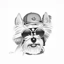 Citroen C2 car with a curley hair girl with pilot sun glasses driving and a mini schnauzer dog as copilot tattoo design idea