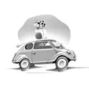 Citroen C2 car with a curley hair girl with pilot sun glasses driving and a mini schnauzer dog as copilot tattoo design idea