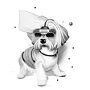 Citroen C2 car with a curley hair girl with pilot sun glasses driving and a mini schnauzer dog as copilot tattoo design idea