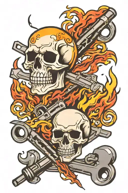 piston and connecting rod crossed with a skull and flames  tattoo design idea