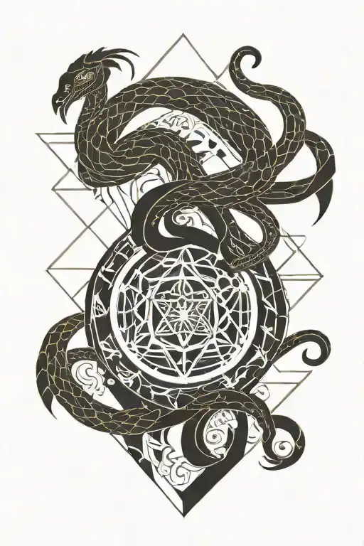 sacred geo symteric shapes snake and phoenix rising tattoo design idea