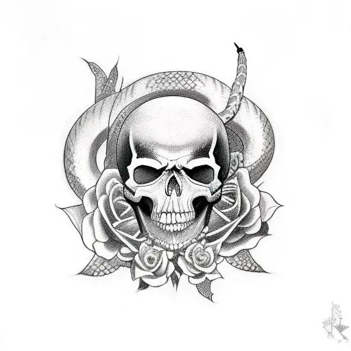 long tattoo with skull and rosses and snake tattoo design idea