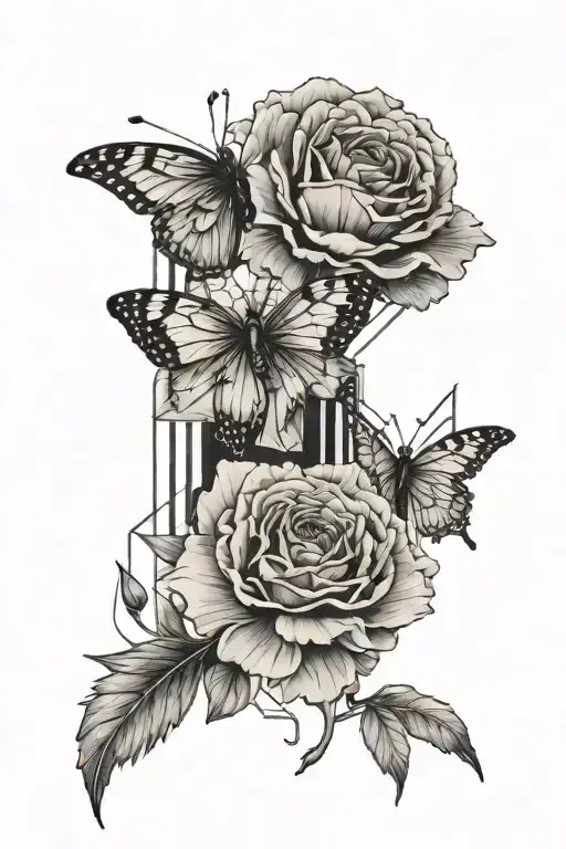 carnation flowers, aster flowers, poppy flowers, narcissus flowers , 2 butterflies with geometric shapes tattoo design idea