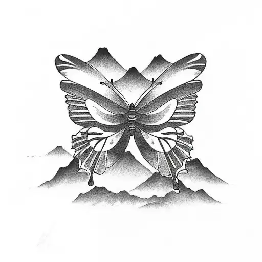 butterfly with mountains and ocean inside wings tattoo design idea