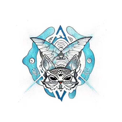 butterfly with a bobcat in bottom left wing, mermaid bottom right wing, top right wing ocean waves, left wing mountains tattoo design idea