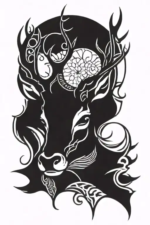 deer face front dark Black work tribal with half moon tattoo design idea