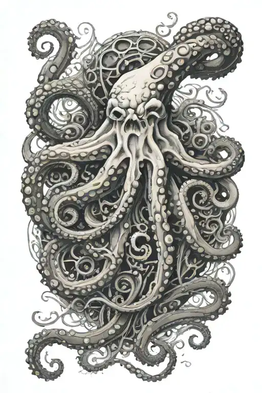 a gloomy octopus crawls out of a parallelepiad with suckers tentacles everywhere below the skeleton breaks and tentacles tattoo design idea