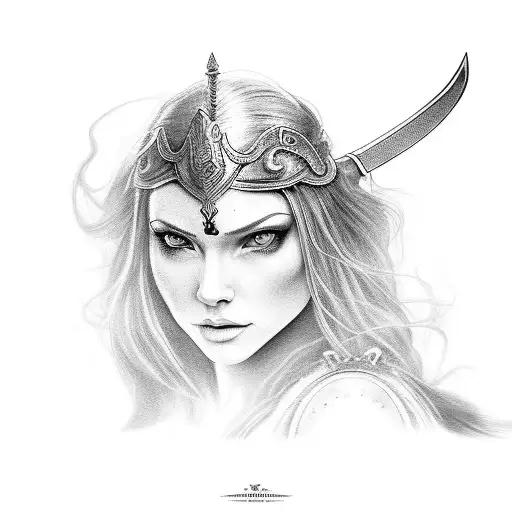 A warrior princess wielding a magical sword in a fantasy world tattoo design idea