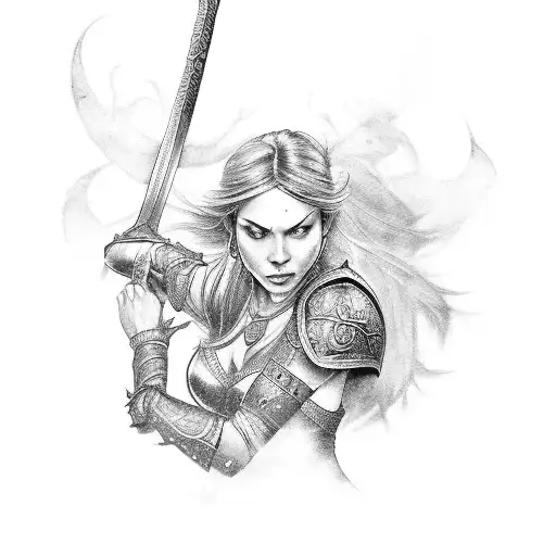 A warrior princess wielding a magical sword in a fantasy world tattoo design idea