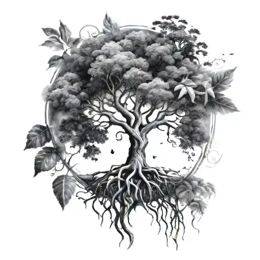 I want a tattoo with a tree of life, whose trunk is DNA and contains the world map in its leaves. Black and white. tattoo design idea