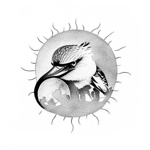 A silhouette of a person holding hands with a kookaburra against a backdrop of a watercolor sun and moon tattoo design idea