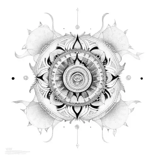 A mesmerizing mandala design incorporating elements of water, sun, and moon tattoo design idea