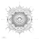 A mesmerizing mandala design incorporating elements of water, sun, and moon tattoo design idea