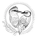 A silhouette of a person holding hands with a kookaburra against a backdrop of a watercolor sun and moon tattoo design idea