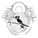 A silhouette of a person holding hands with a kookaburra against a backdrop of a watercolor sun and moon tattoo design idea