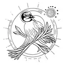 A silhouette of a person holding hands with a kookaburra against a backdrop of a watercolor sun and moon tattoo design idea