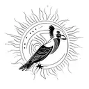A silhouette of a person holding hands with a kookaburra against a backdrop of a watercolor sun and moon tattoo design idea