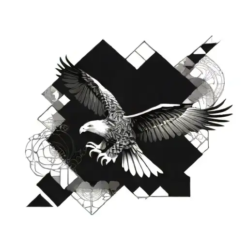 A majestic eagle soaring through the clouds with intricate geometric patterns incorporated into its wings tattoo design idea