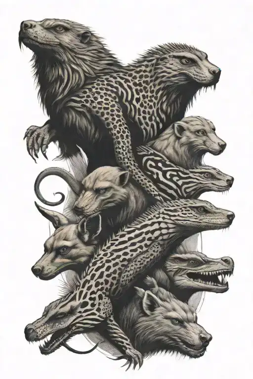 monitor lizard, camel spider, baboon, striped/African polecat, golden jackal, sun, moon, Spurwinged lapwing, whale shark tattoo design idea