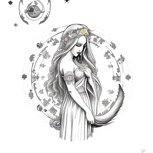 Virgo astrology sign mystical virgin maiden with long hair in a half moon with a Fox surrounded by flowers and stars  tattoo design idea