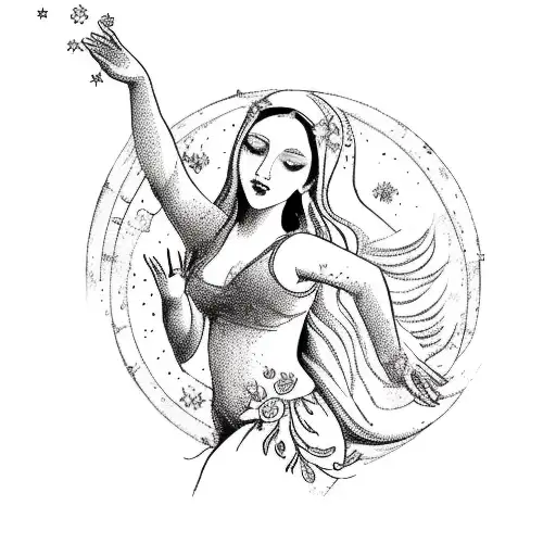 Virgo astrology sign mystical virgin maiden dancing in a half moon with a Fox surrounded by flowers and stars  tattoo design idea