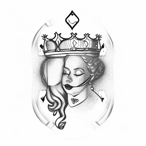 queen of hearts playing card with 2 pence coin tattoo design idea