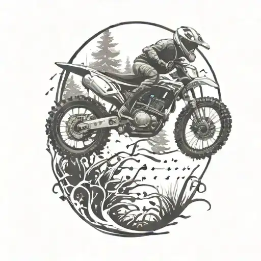 A sleek black and grey tattoo of a dirt bike speeding through a forest with music notes trailing behind it tattoo design idea
