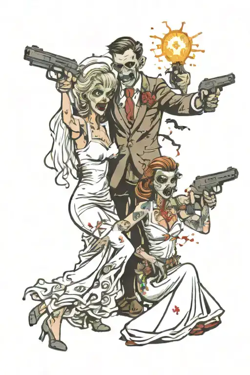 bride and groom shooting zombies with laser guns  tattoo design idea