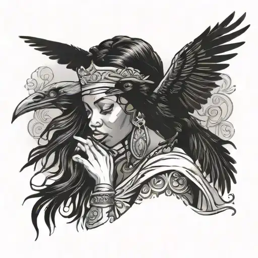black woman w raven flying tattoo design idea
