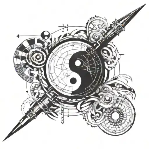 Generate a half sleeve forearm tattoo that includes: '19', yin & yang symbol, ethic symbol, compass, music symbols (play tattoo design idea