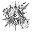 Generate a half sleeve forearm tattoo that includes: '19', yin & yang symbol, ethic symbol, compass, music symbols (play tattoo design idea