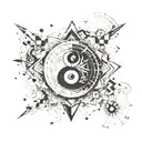 Generate a half sleeve forearm tattoo that includes: '19', yin & yang symbol, ethic symbol, compass, music symbols (play tattoo design idea