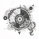 Generate a half sleeve forearm tattoo that includes: '19', yin & yang symbol, ethic symbol, compass, music symbols (play tattoo design idea
