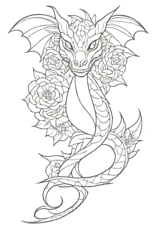 dragon with flower of the day of the dead tattoo design idea