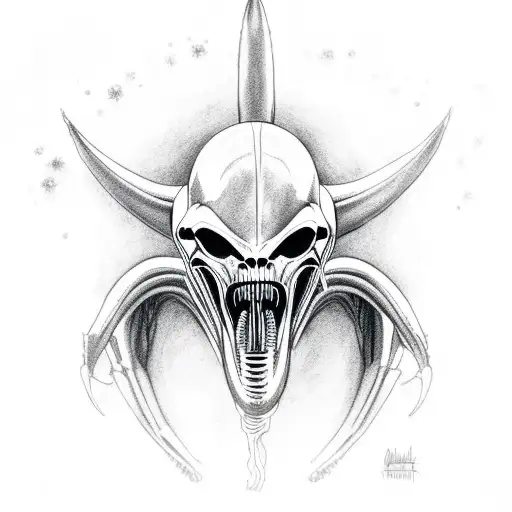 Ellen Ripley holding a xenomorph skull with a backdrop of stars tattoo design idea