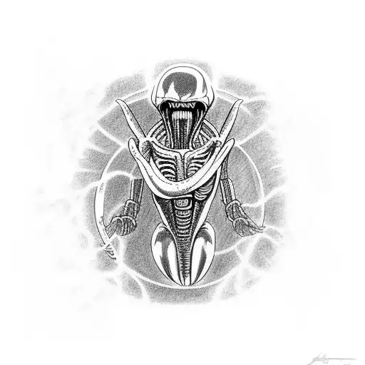 Ellen Ripley battling a xenomorph in a space-themed setting tattoo design idea
