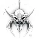 Ellen Ripley holding a xenomorph skull with a backdrop of stars tattoo design idea