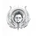 Ellen Ripley holding a xenomorph skull with a backdrop of stars tattoo design idea