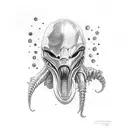 Ellen Ripley holding a xenomorph skull with a backdrop of stars tattoo design idea