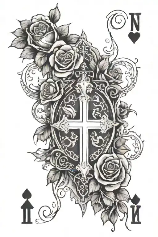 A half sleeve playing cards, roses, and a crosses in the middle  . the tattoo need to be in shade black  tattoo design idea