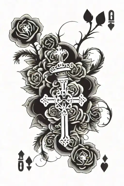 A half sleeve playing cards, roses, and a crosses in the middle  . the tattoo need to be in shade black  tattoo design idea