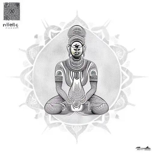 A serene meditating figure with African tribal patterns as the background tattoo design idea