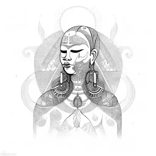 A serene meditating figure with African tribal patterns as the background tattoo design idea